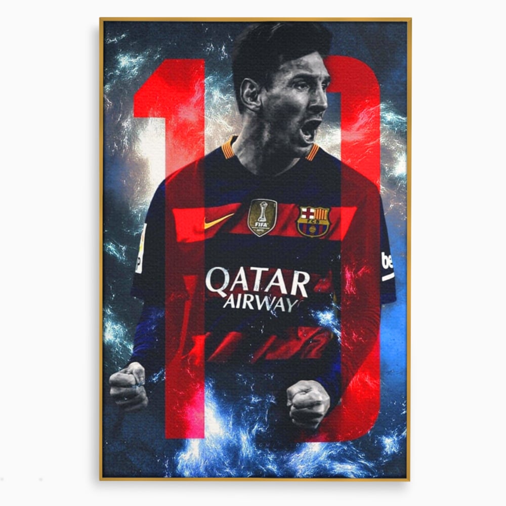Tablou canvas cu tablou canvas cu fotbalistul messi, in rama de aluminiu auriu